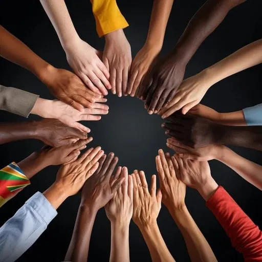 Diverse hands of varying skin tones come together in a circular arrangement, symbolizing unity and collaboration.