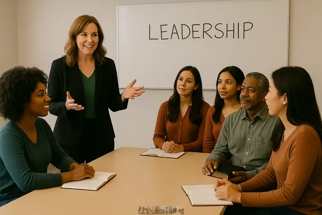 A confident woman presents concepts of leadership to a diverse group in a meeting. Each participant takes notes, emphasizing engagement and learning.